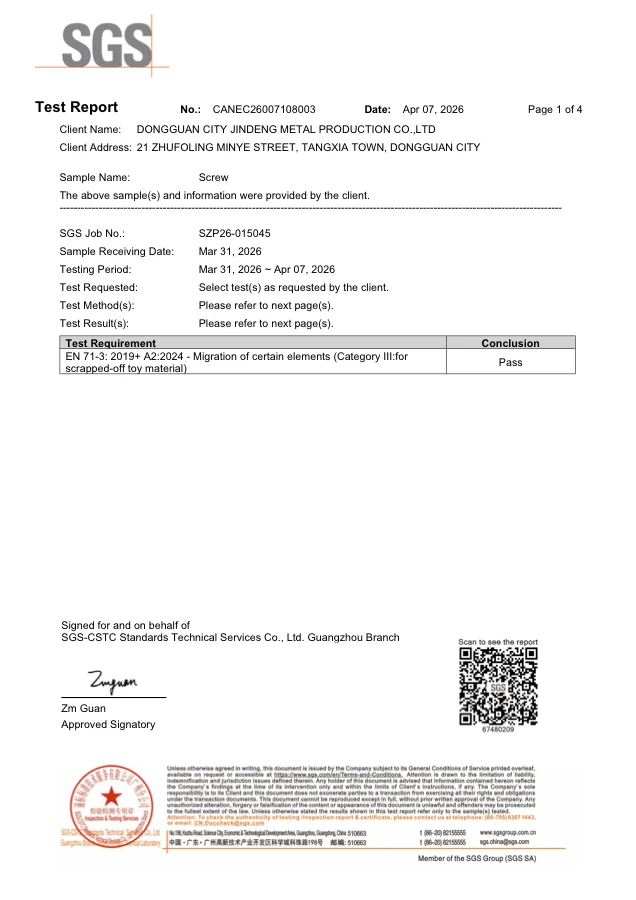 SGS EN 71-3 test report for screws